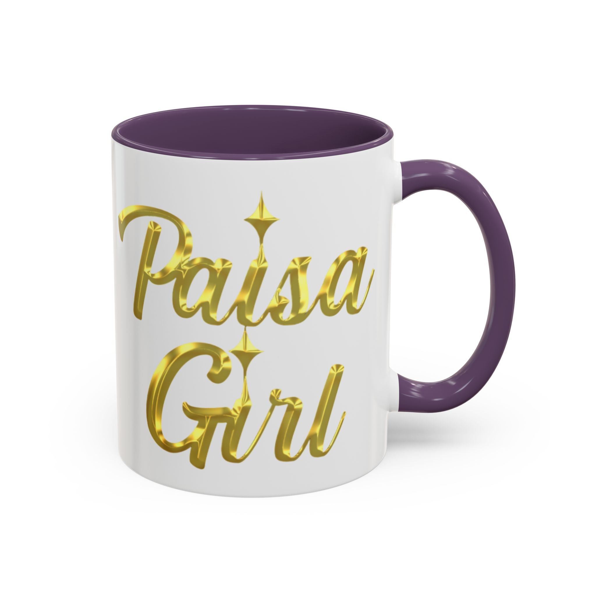 Close-up of ceramic Paisa Girl mug with golden text design, paisa girl accent mug purple