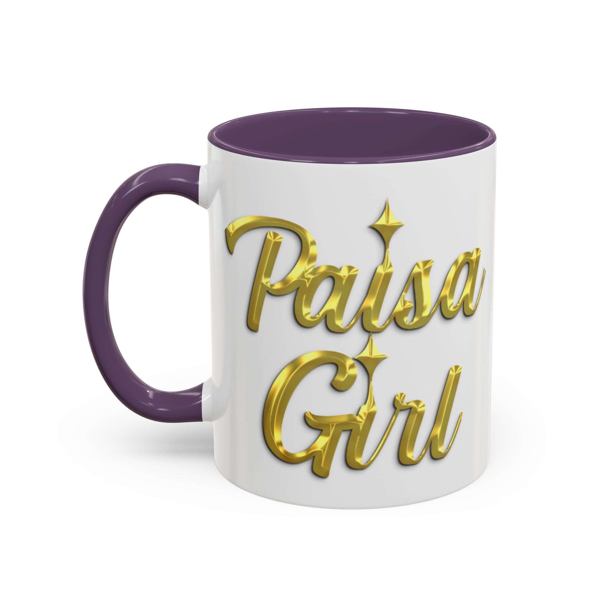 Close-up of ceramic Paisa Girl mug with golden text design, paisa girl accent mug purple