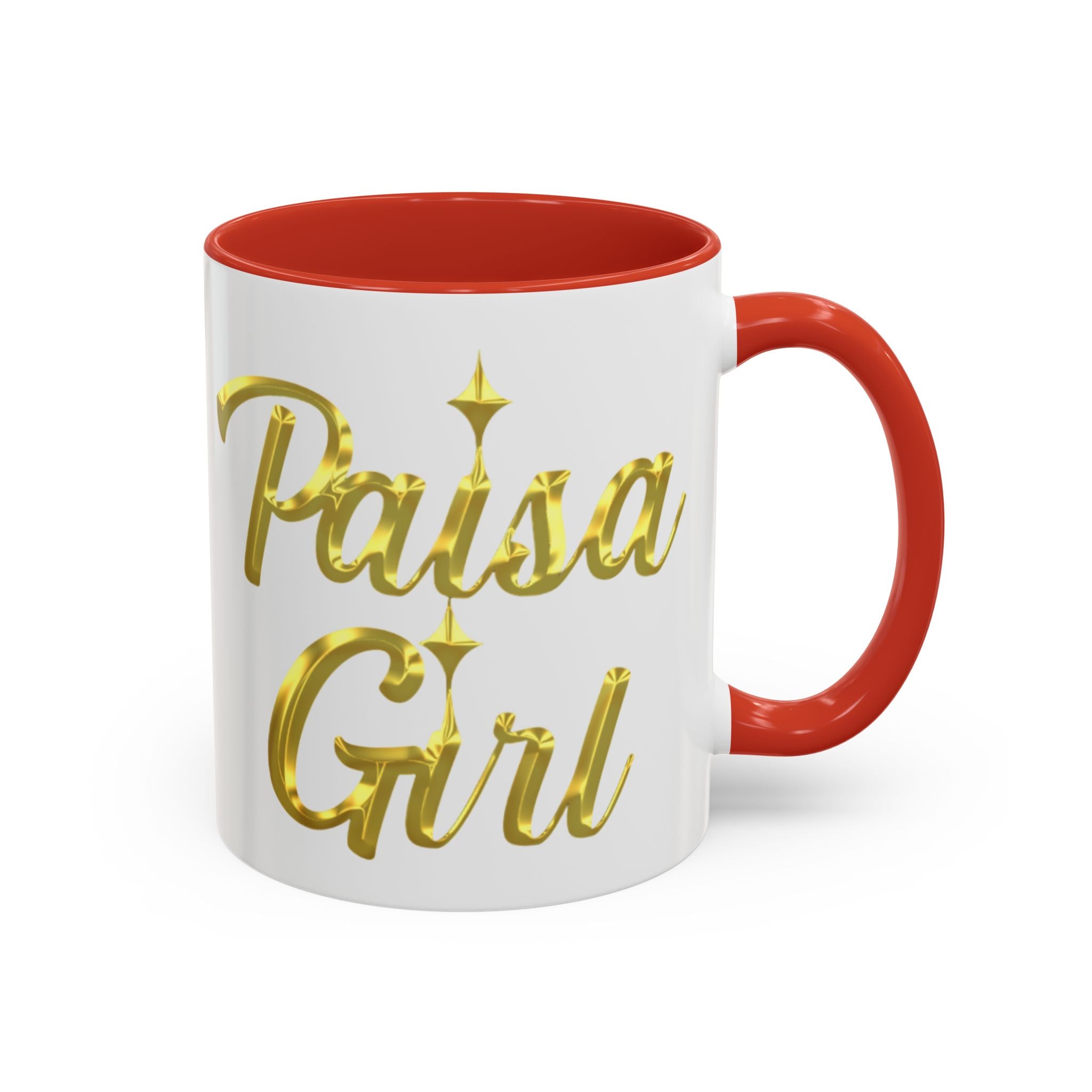 Close-up of ceramic Paisa Girl mug with golden text design–paisa girl accent mug red