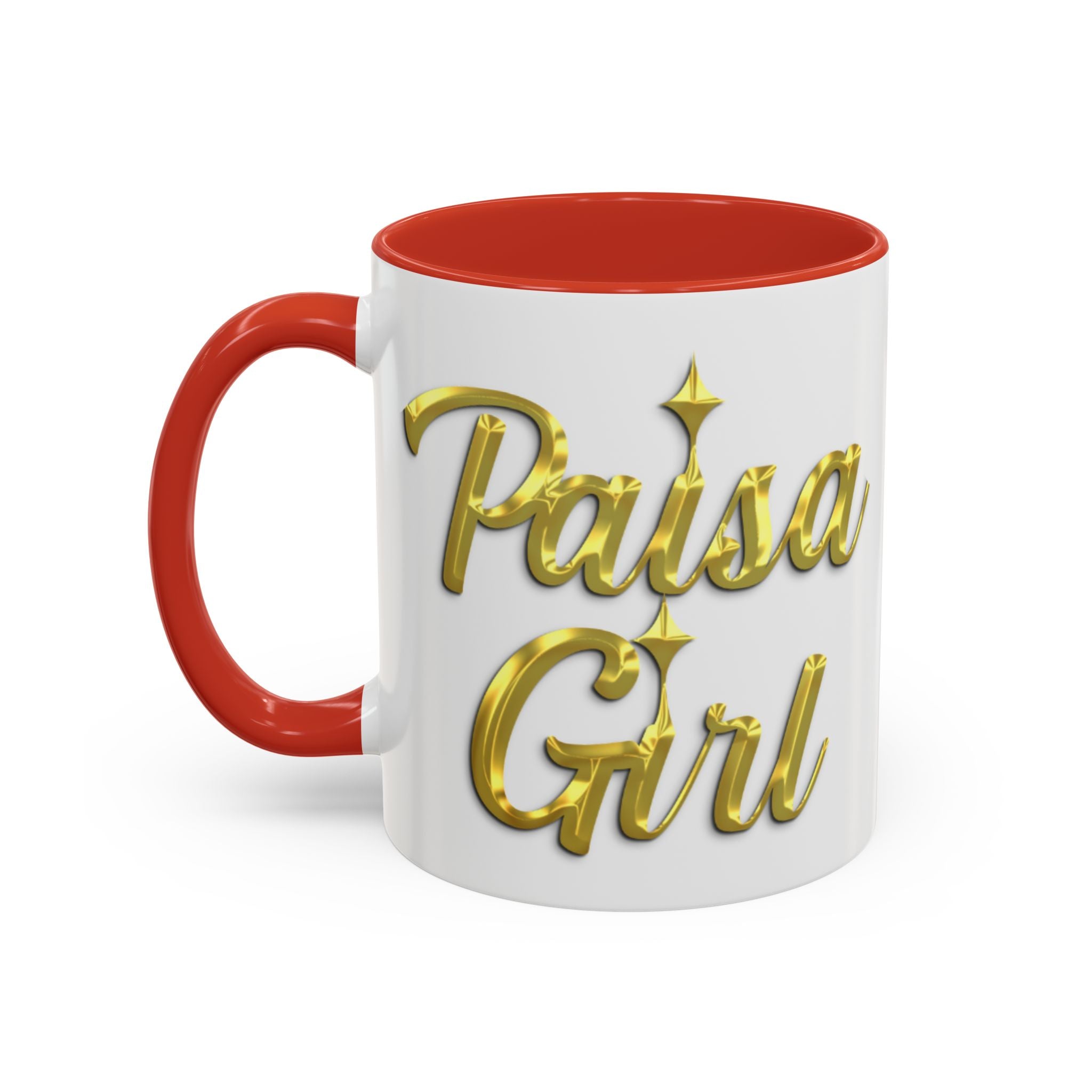 Close-up of ceramic Paisa Girl mug with golden text design, paisa girl accent mug red
