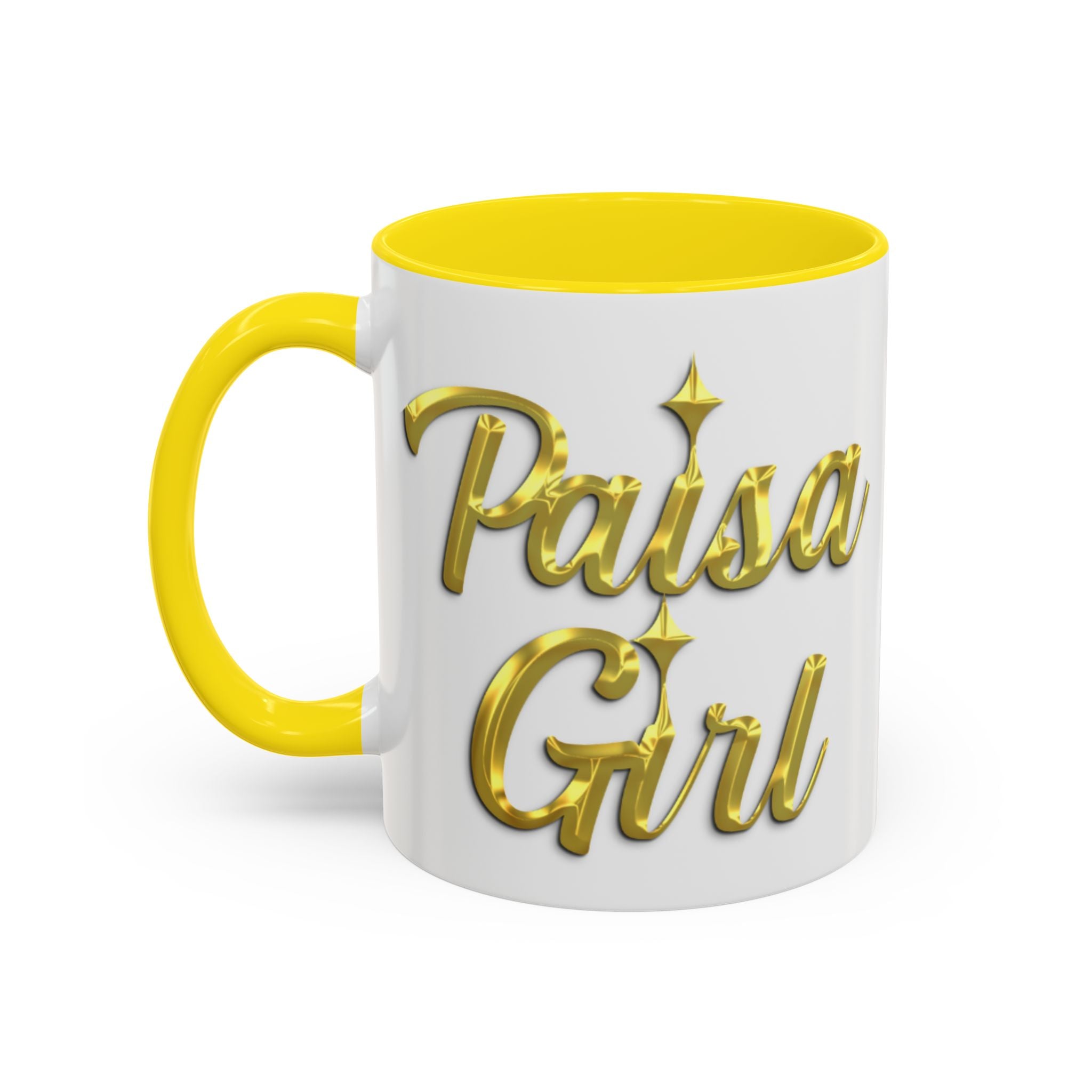 Close-up of ceramic Paisa Girl mug with golden text design, paisa girl accent mug yellow