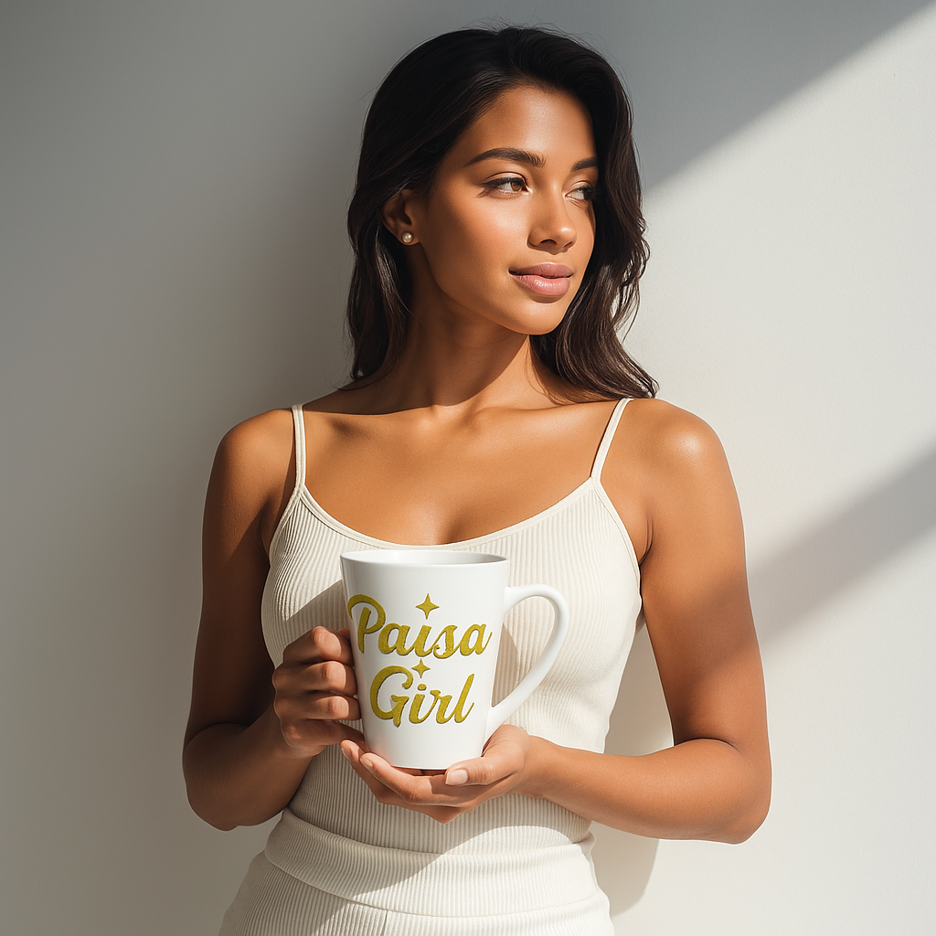 Paisa Girl Ceramic latte mug with gold lettering lifestyle photo