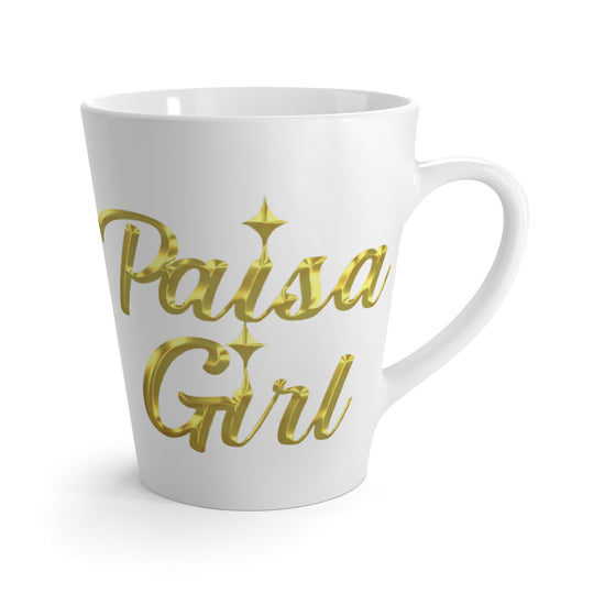 Editorial shot of Paisa Girl Ceramic latte mug with gold lettering