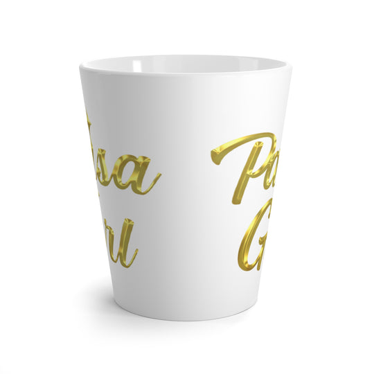 Close-up of Paisa Girl Ceramic latte mug with gold lettering
