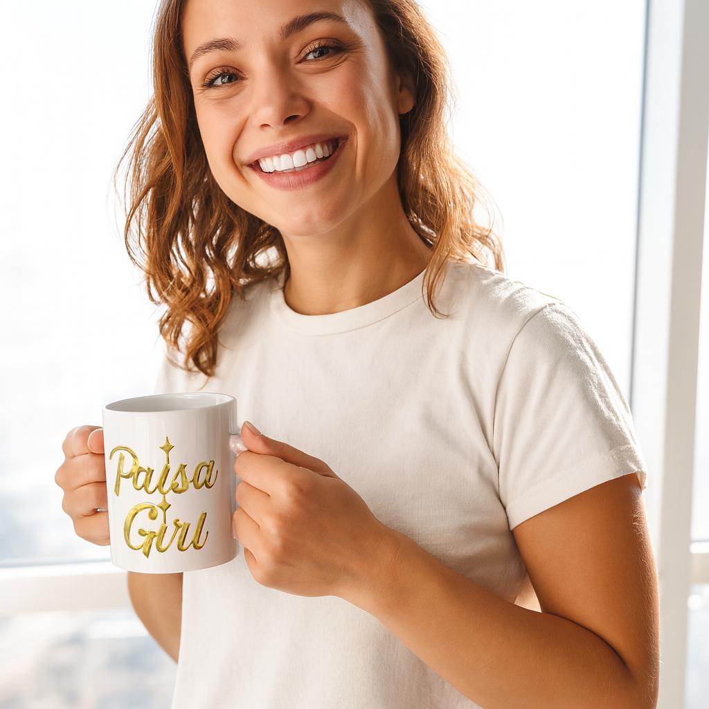 Paisa Girl Ceramic mug with gold lettering held by a smiling Hispanic woman