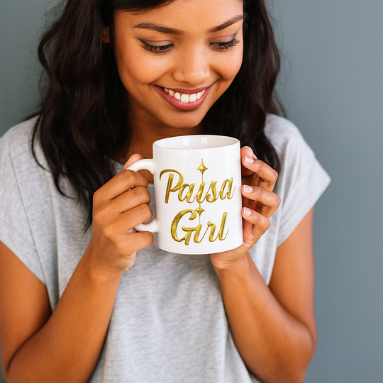 Paisa Girl Ceramic mug with gold lettering held by a smiling Hispanic woman