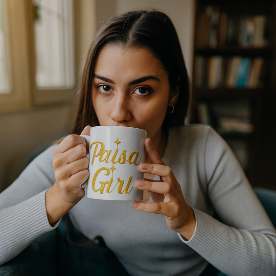 Paisa Girl Ceramic mug with gold lettering held by a smiling Hispanic woman