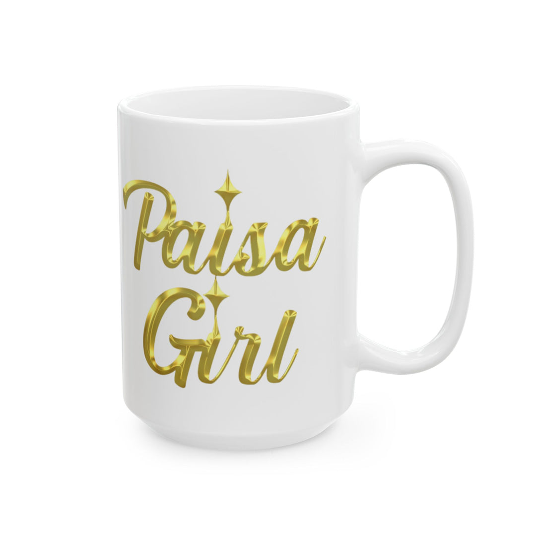 Paisa Girl Ceramic mug with gold lettering in editorial photography style.