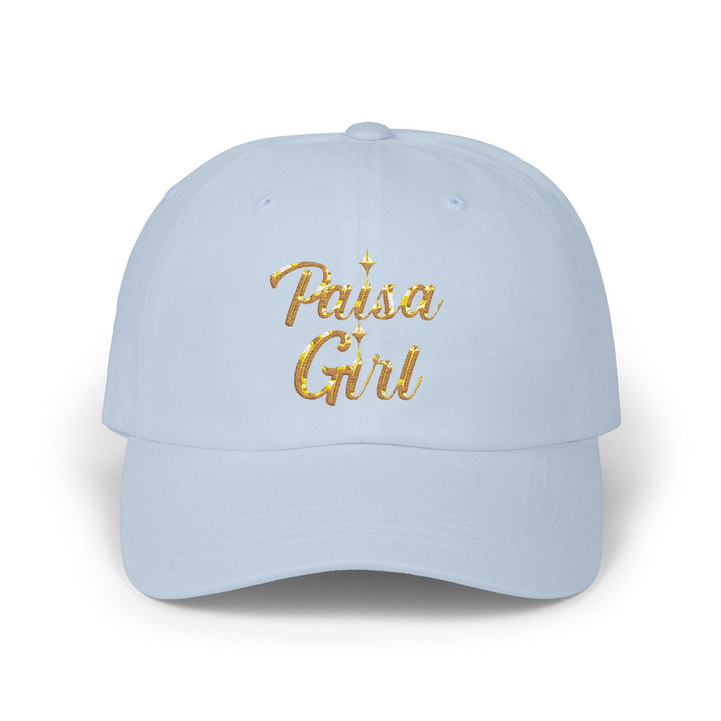 Side angle showing Paisa Girl Cap with Colorful Embroidery in high-resolution detail, paisa girl hat light blue