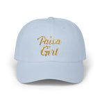 Side angle showing Paisa Girl Cap with Colorful Embroidery in high-resolution detail, paisa girl hat light blue