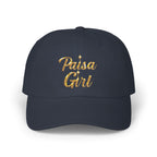 Lifestyle image focusing on Paisa Girl Cap with Colorful Embroidery against neutral background, paisa girl hat navy