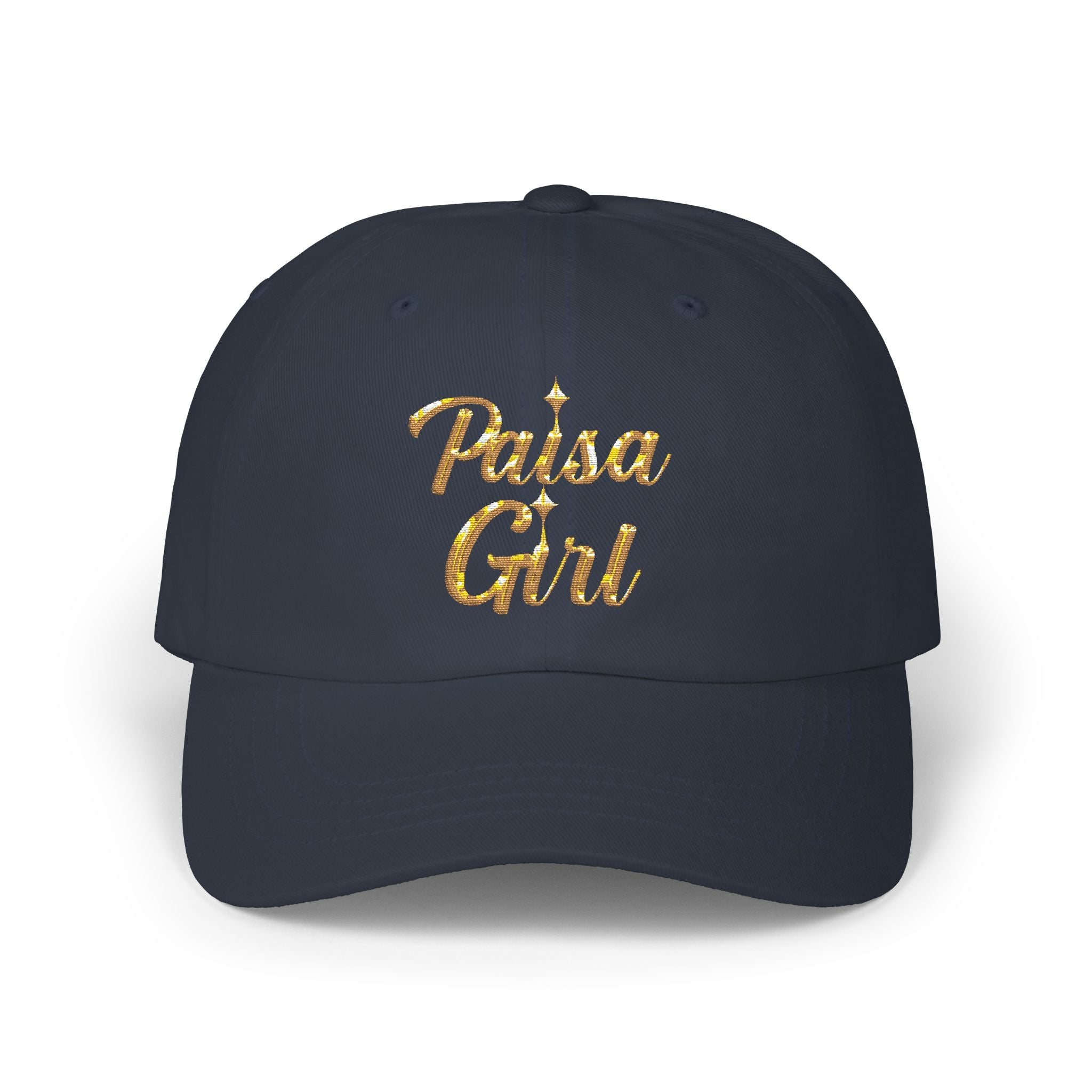 Lifestyle image focusing on Paisa Girl Cap with Colorful Embroidery against neutral background, paisa girl hat navy