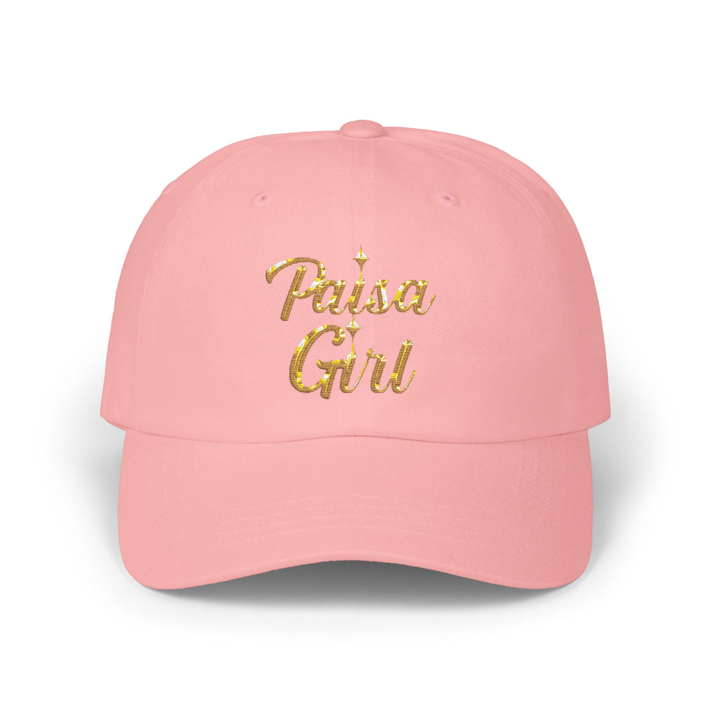 Studio portrait of model wearing Paisa Girl Cap with Colorful Embroidery styled with casual t-shirt, paisa girl hat pink