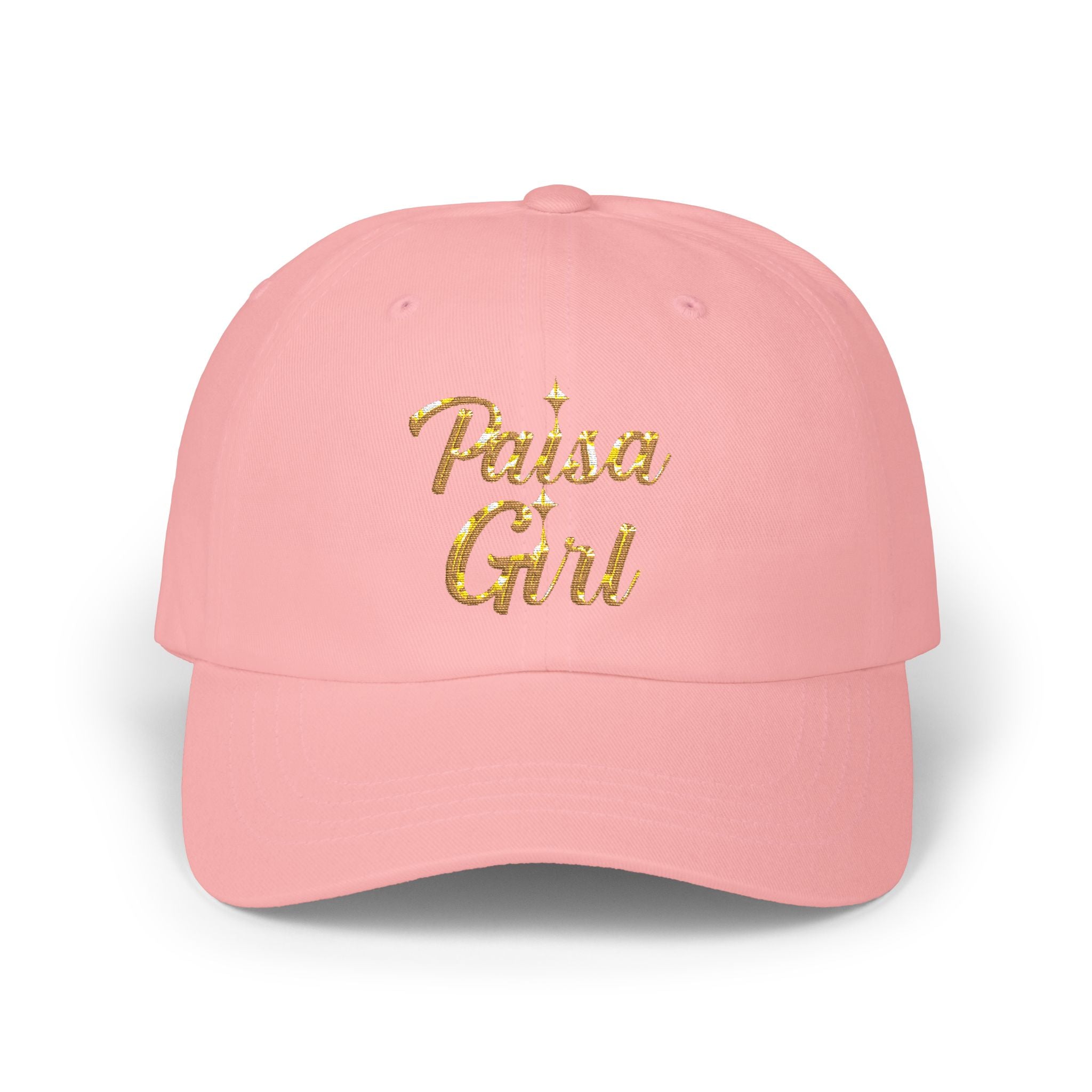 Studio portrait of model wearing Paisa Girl Cap with Colorful Embroidery styled with casual t-shirt, paisa girl hat pink