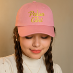 Close-up shot highlighting Paisa Girl Cap with Colorful Embroidery featuring bold gold text, paisa girl hat pink