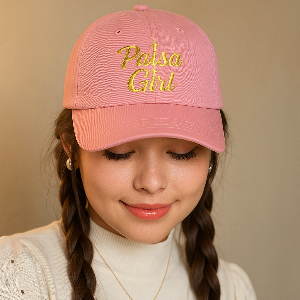 Close-up shot highlighting Paisa Girl Cap with Colorful Embroidery featuring bold gold text, paisa girl hat pink