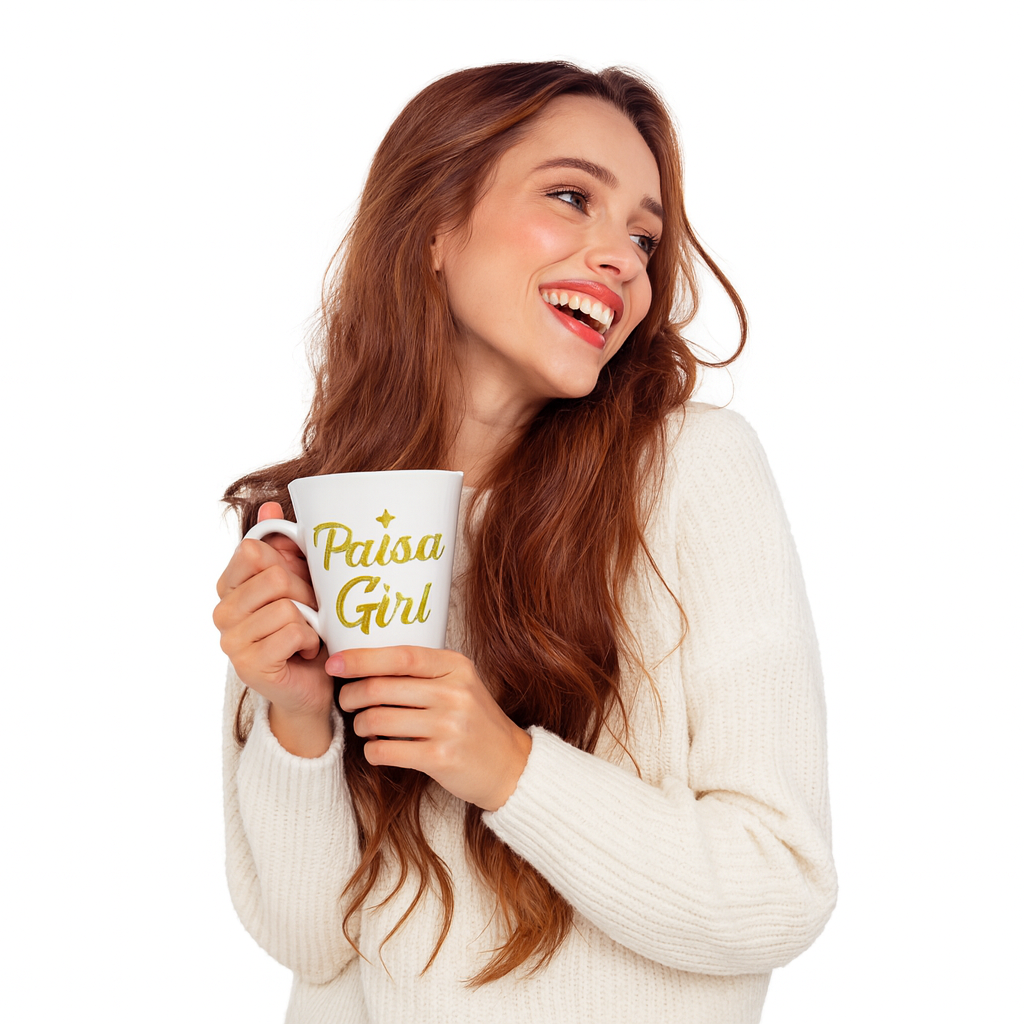 Model holding Paisa Girl Ceramic latte mug with gold lettering