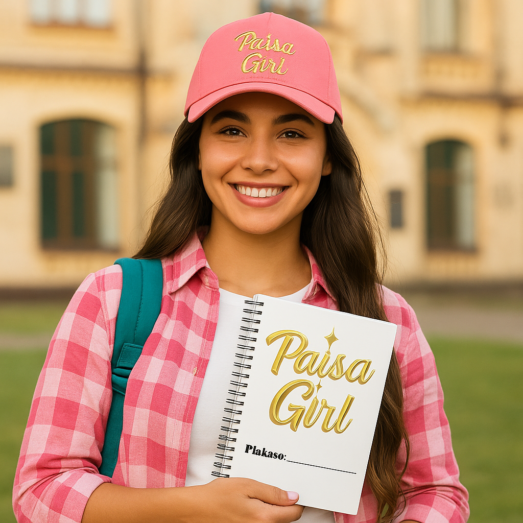 Smiling student holding Paisa Girl spiral notebook outdoors