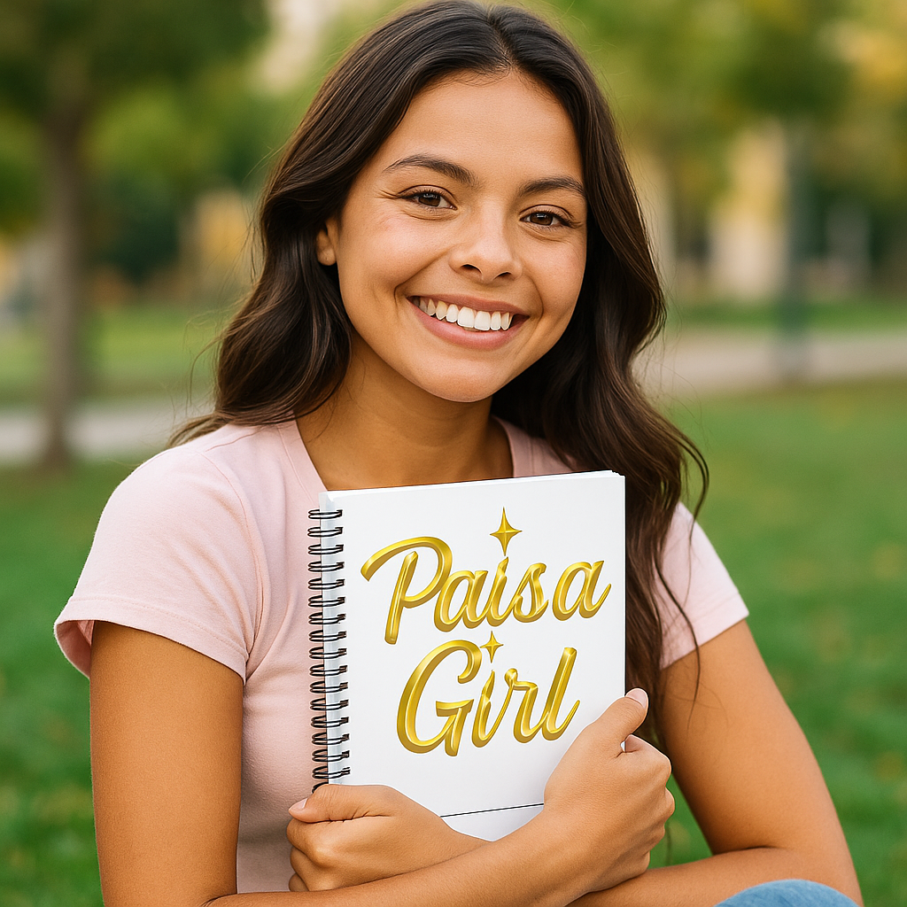 Smiling student holding Paisa Girl spiral notebook outdoors