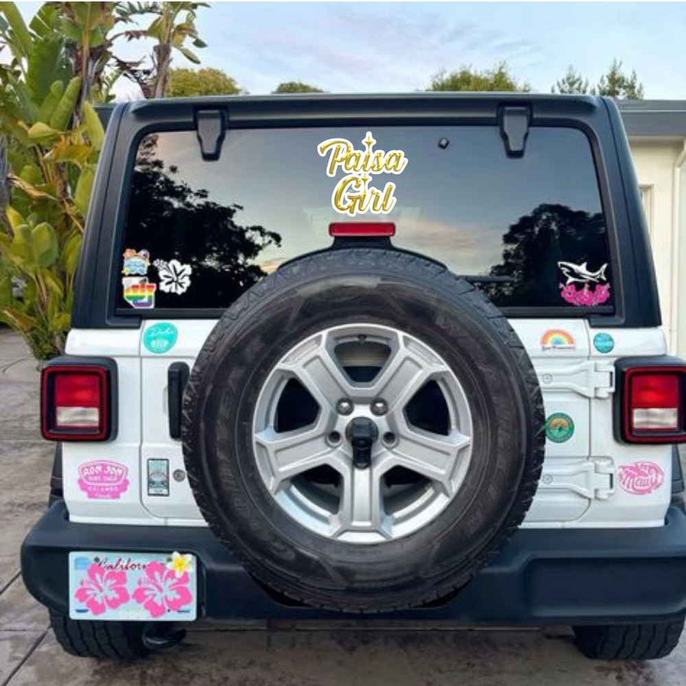 Glossy Paisa Girl sticker with gold lettering for laptops