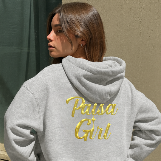 Back view of paisa girl sweater hoodie with crisp custom design visible.