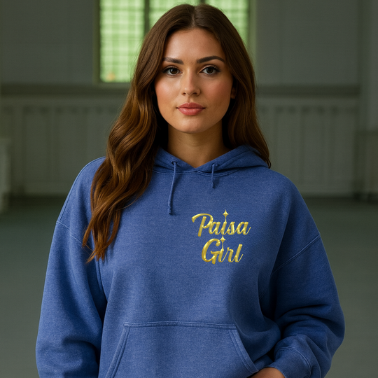 Latina couture model in paisa girl sweater hoodie with hood down.