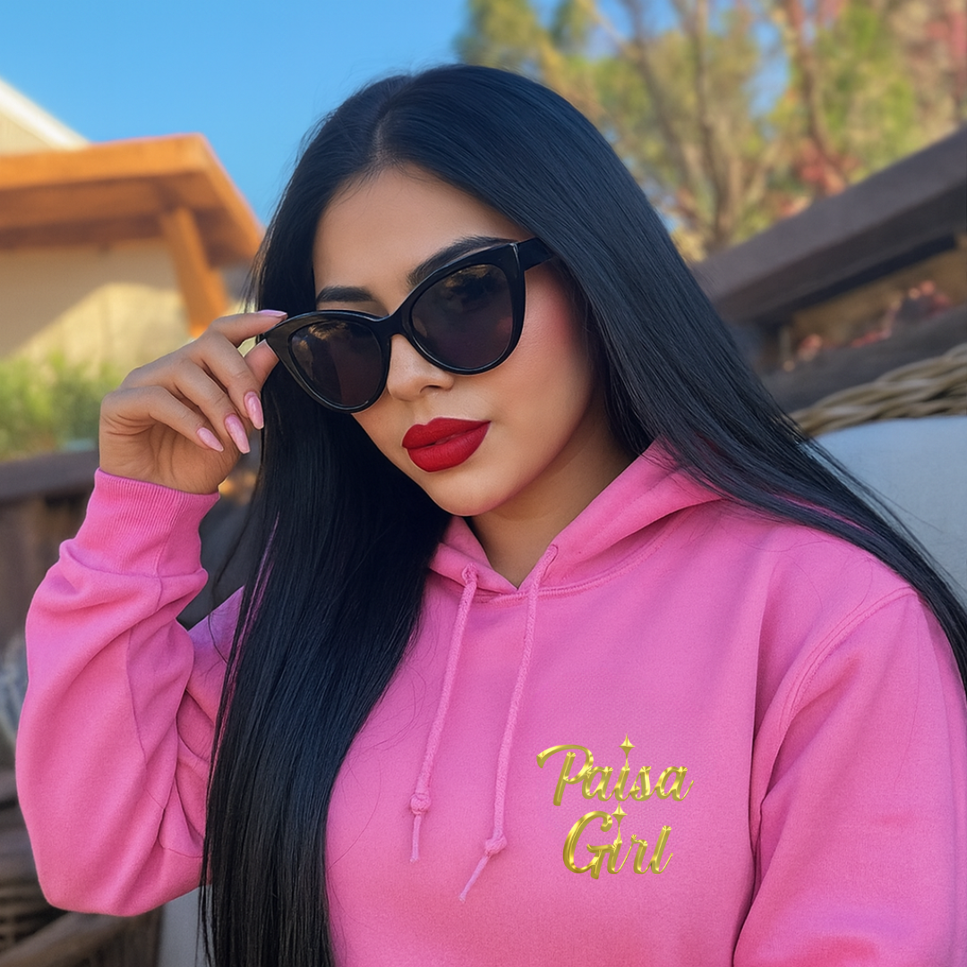 Photorealistic paisa girl sweater hoodie modeled in couture streetwear style