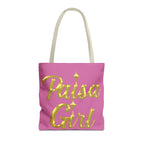 Editorial fashion photo featuring Paisa Girl Pink Tote Bag with modern abstract pink sculptures