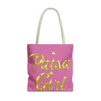 Close-up of Paisa Girl Pink Tote Bag highlighting bold gold embroidery design