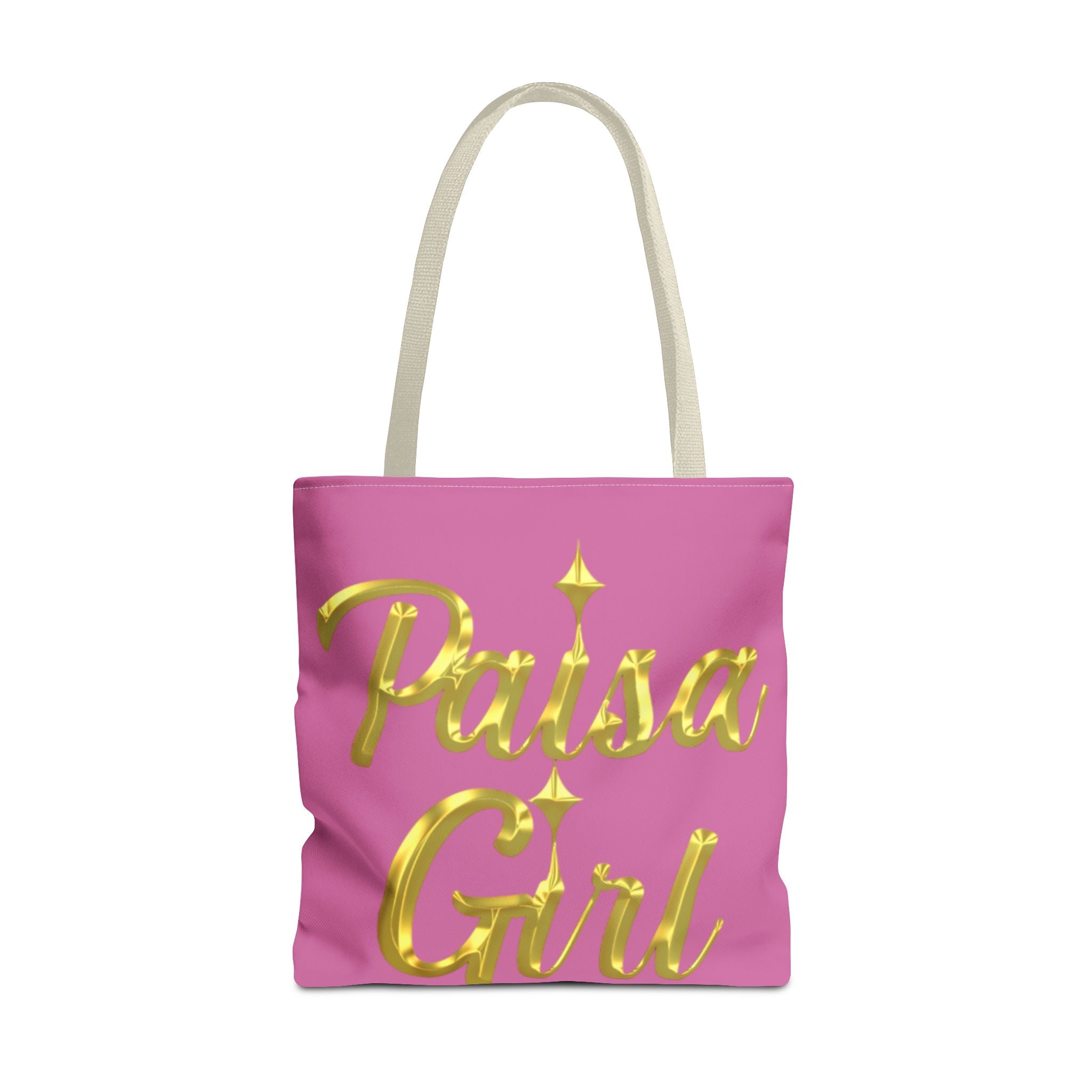 Close-up of Paisa Girl Pink Tote Bag highlighting bold gold embroidery design