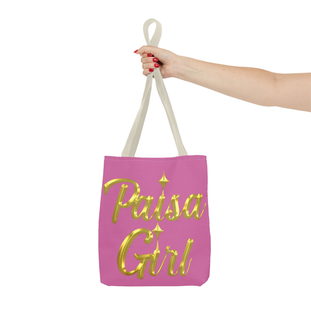 Photorealistic image of Paisa Girl Pink Tote Bag with cultural pride statement design