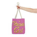 Photorealistic image of Paisa Girl Pink Tote Bag with cultural pride statement design