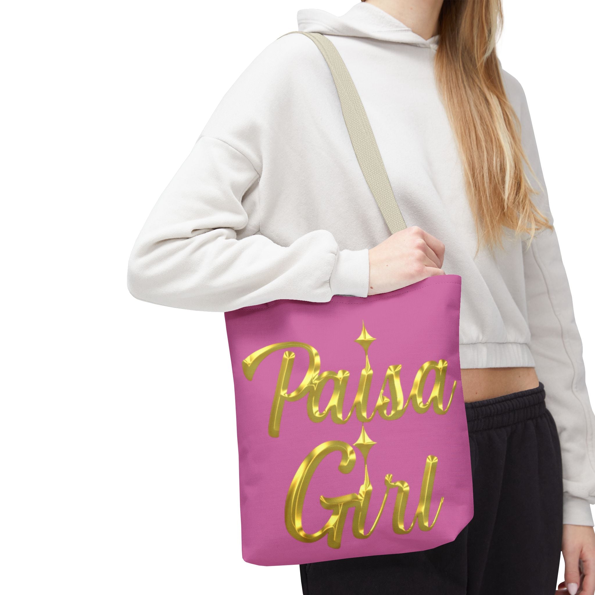Fashion editorial-inspired portrait showcasing Paisa Girl Pink Tote Bag in focus