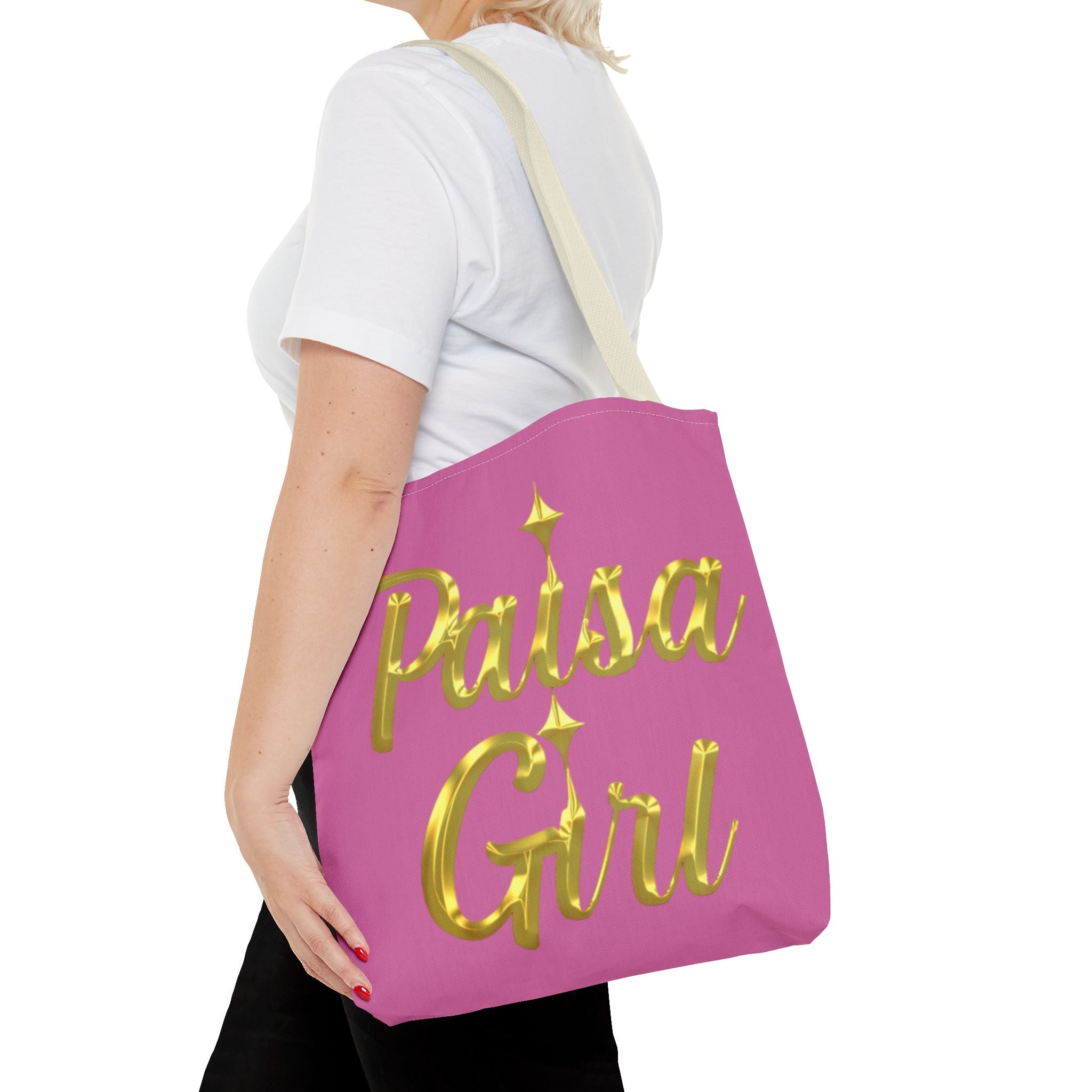 Editorial fashion photo featuring Paisa Girl Pink Tote Bag with modern abstract pink sculptures