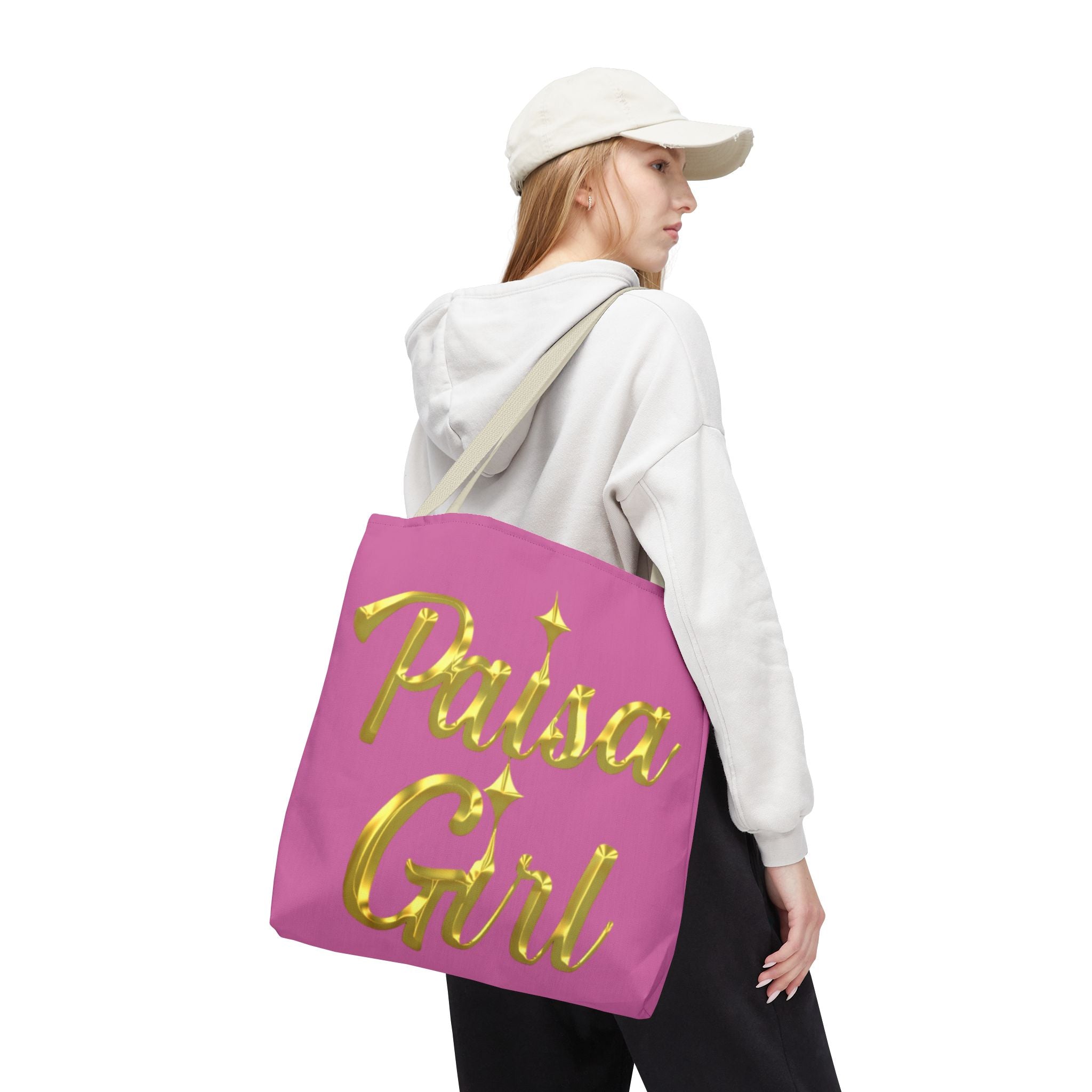 Lifestyle shot of Paisa Girl Pink Tote Bag showcased in a chic, outdoor setting