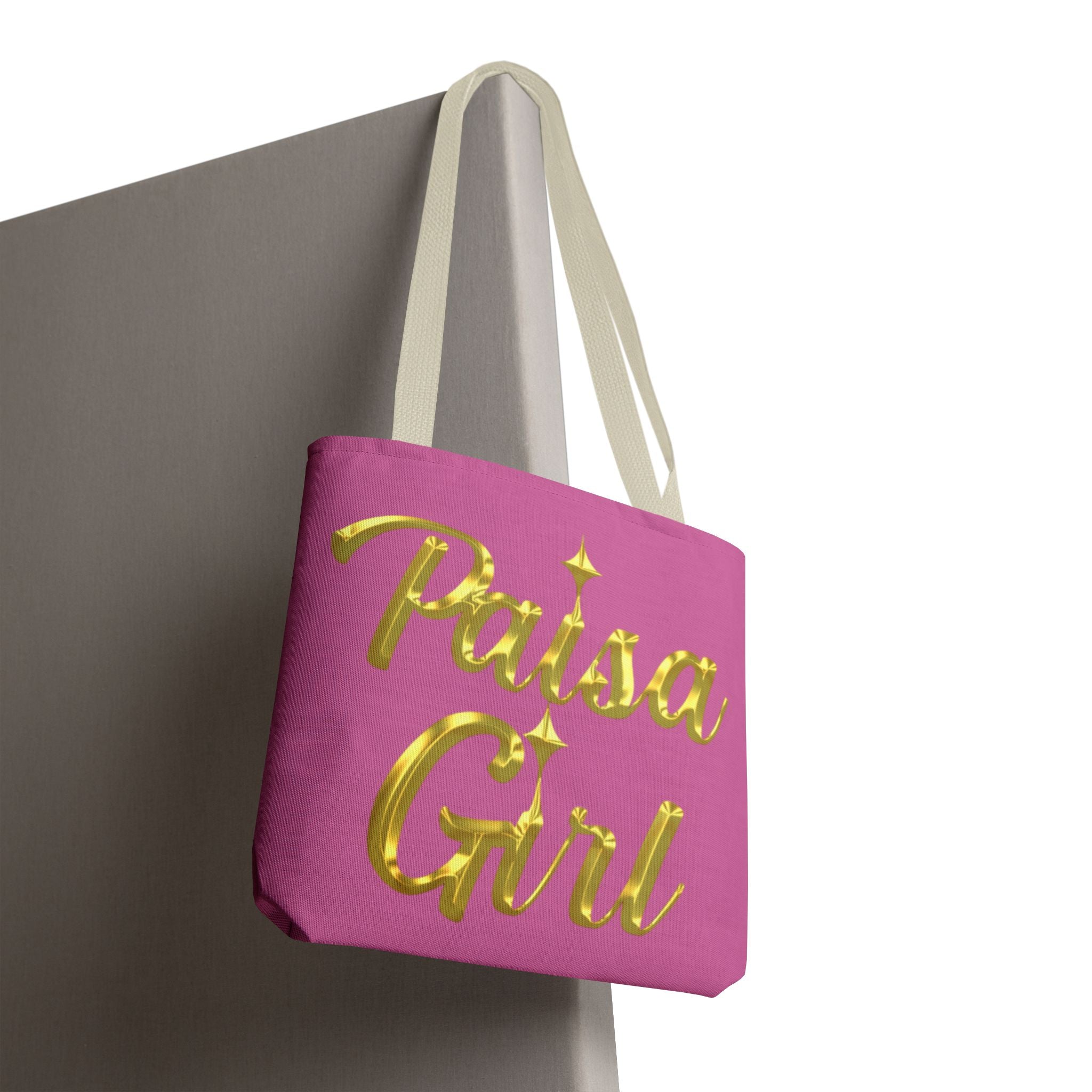 Close-up of Paisa Girl Pink Tote Bag highlighting bold gold embroidery design