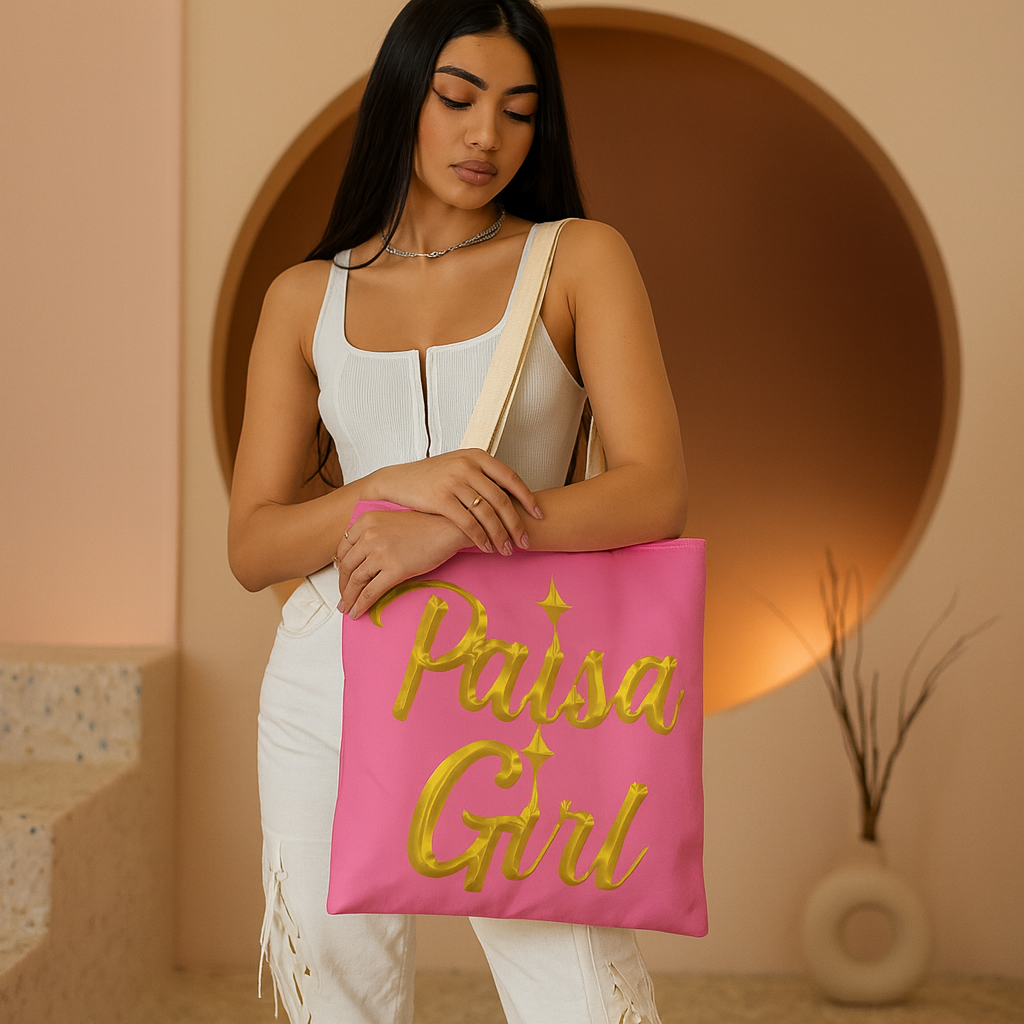 Young Hispanic woman holding Paisa Girl Pink Tote Bag in bold gold lettering against pink background