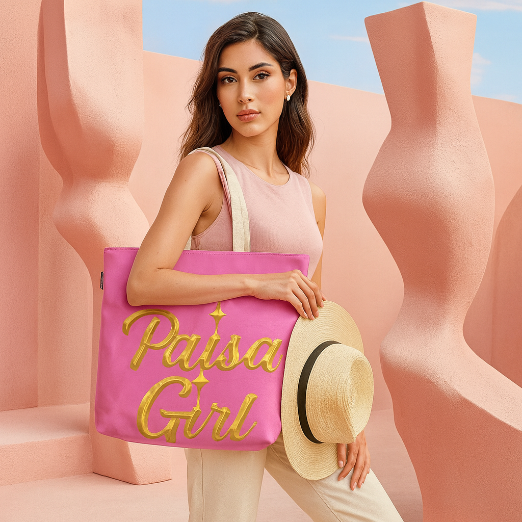Young Hispanic woman holding Paisa Girl Pink Tote Bag in bold gold lettering against pink background